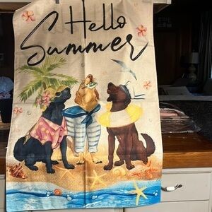 New. Heavy linen feel. Like Sunbrella. Pattern on both sides. Welcome summer